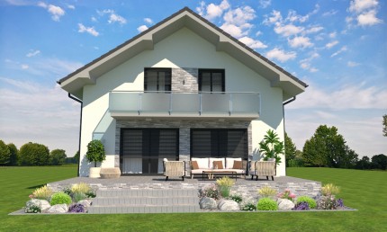 Moderná fasáda rodinného domu a garáže s obkladom z prírodného kameňa / Stará Bystrica