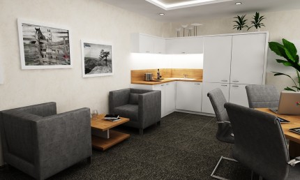 Návrh priestrannej kancelárie s malou kuchynkou 