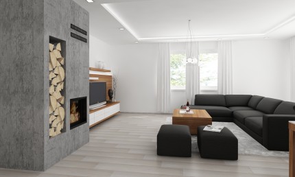 Moderná obývačka s betónovým obkladom krbu / Martin