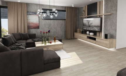  Moderná obývačka s lamelovým obkladom / Lipovec