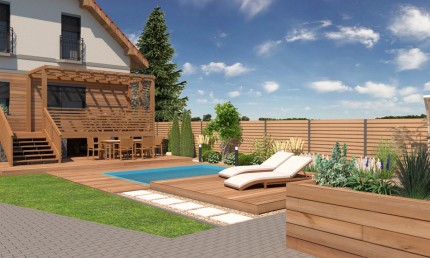 Návrh oddychovej záhrady s bazénom a terasami / Vrakúň