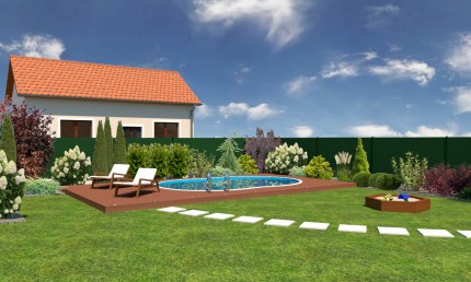 Návrh rekreačnej záhrady s prístreškom a bazénom / Banka