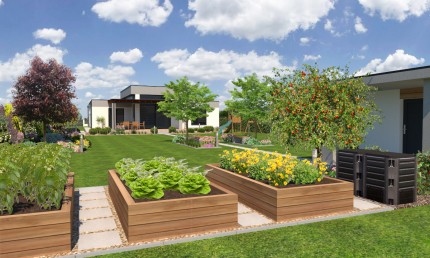 Návrh modernej rodinnej záhrady s okrasnou aj úžitkovou výsadbou / Jaslovské Bohunice