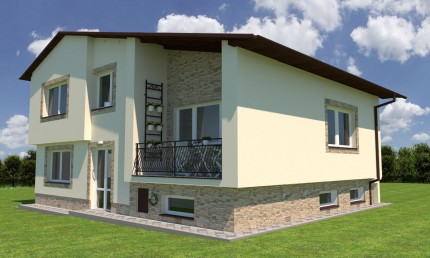 Návrh svetlej fasády domu s béžovo hnedým obkladom / Belá