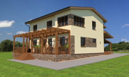Návrh fasády rodinného domu so zvýšenou terasou s pergolou a prístreškom/ Žilina
