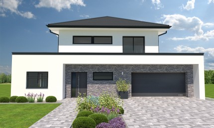 Návrh fasády rodinného domu v sivo-bielych farbách/ Velká Bystřice
