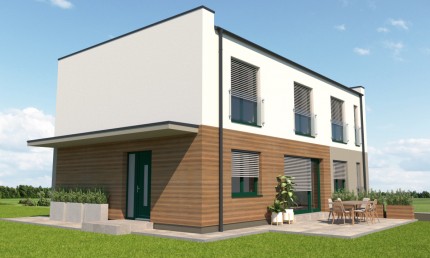 Návrh modernej fasády rodinného domu so zelenými oknami / Častá