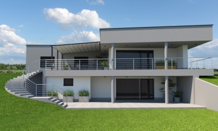 Návrh fasády moderného rodinného domu vo svahu / Želiezovce